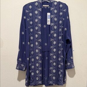 Soft Surroundings Silver Embroidered Open Cardigan Topper Deep Cobalt S/M NWT
